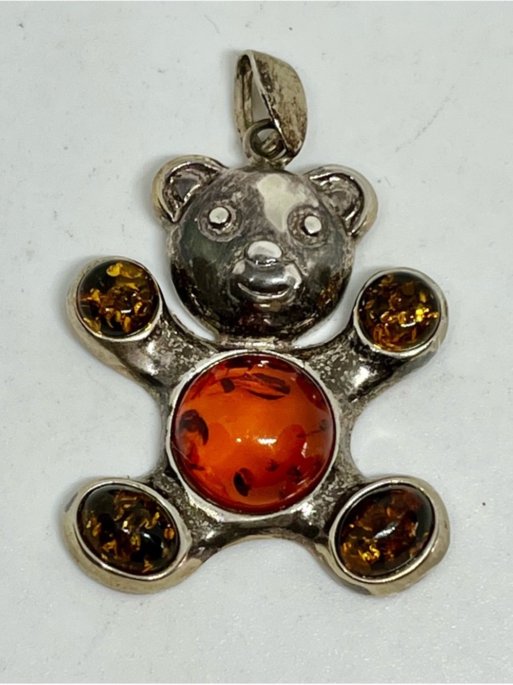 Sterling Teddy Bear Amber Pendant